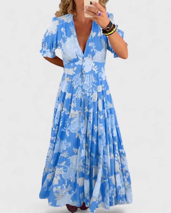 Floral Maxi Dress with V-Neck and Puff Sleeves