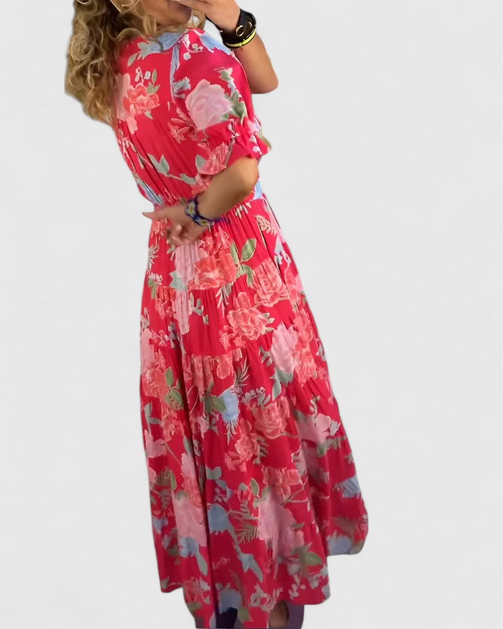 Floral Maxi Dress with V-Neck and Puff Sleeves