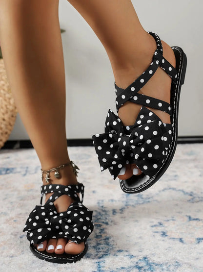Vintage Polka Dot Bow Flat Sandals, Casual Trendy Sandals, Sweet Cool Cross Elastic Back Design, Trendy Vacation Commuter Date Comfortable Women's Shoes, Fashionable Flat Sandals