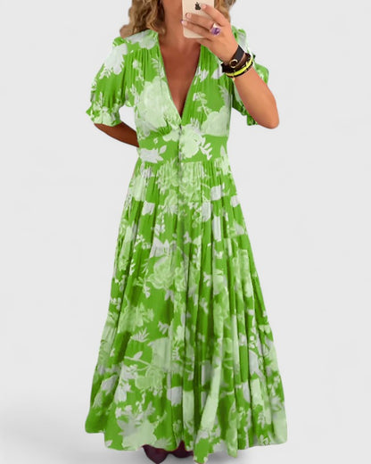Floral Maxi Dress with V-Neck and Puff Sleeves