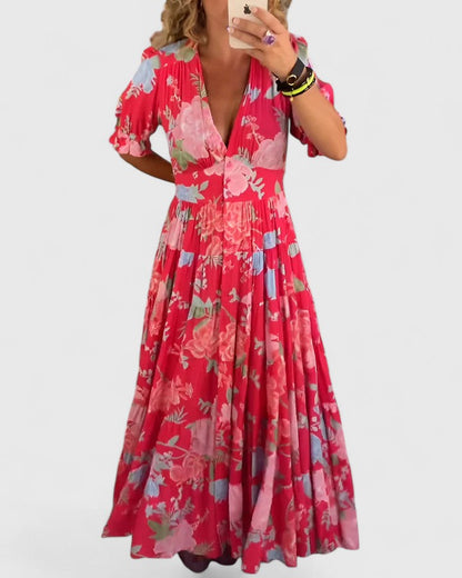 Floral Maxi Dress with V-Neck and Puff Sleeves