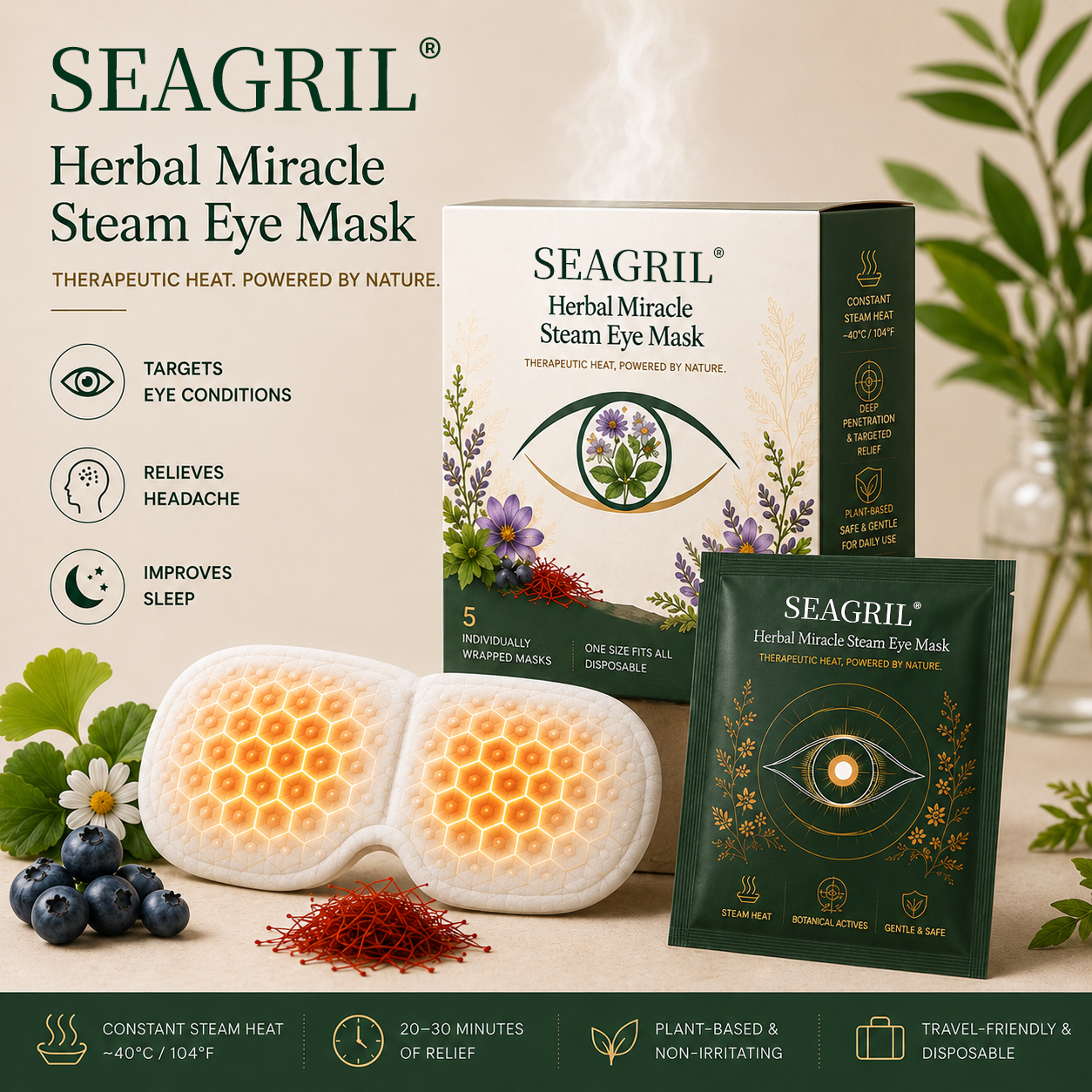 🔥LAST DAY 49% OFF🥇SEAGRIL® Herbal Miracle Steam Eye Mask.Treatment of eye diseases, sleep disorders, headache relief, and periocular care.