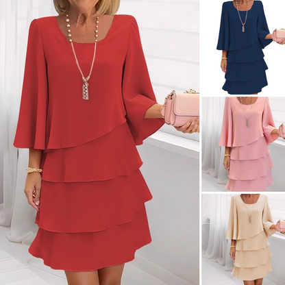 Graceful Square Neck Tiered Ruffle Dress with Flattering Flared Sleeves (Comfort Fit S-3XL)