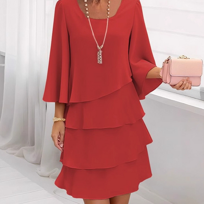 Graceful Square Neck Tiered Ruffle Dress with Flattering Flared Sleeves (Comfort Fit S-3XL)