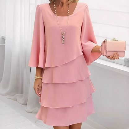 Graceful Square Neck Tiered Ruffle Dress with Flattering Flared Sleeves (Comfort Fit S-3XL)