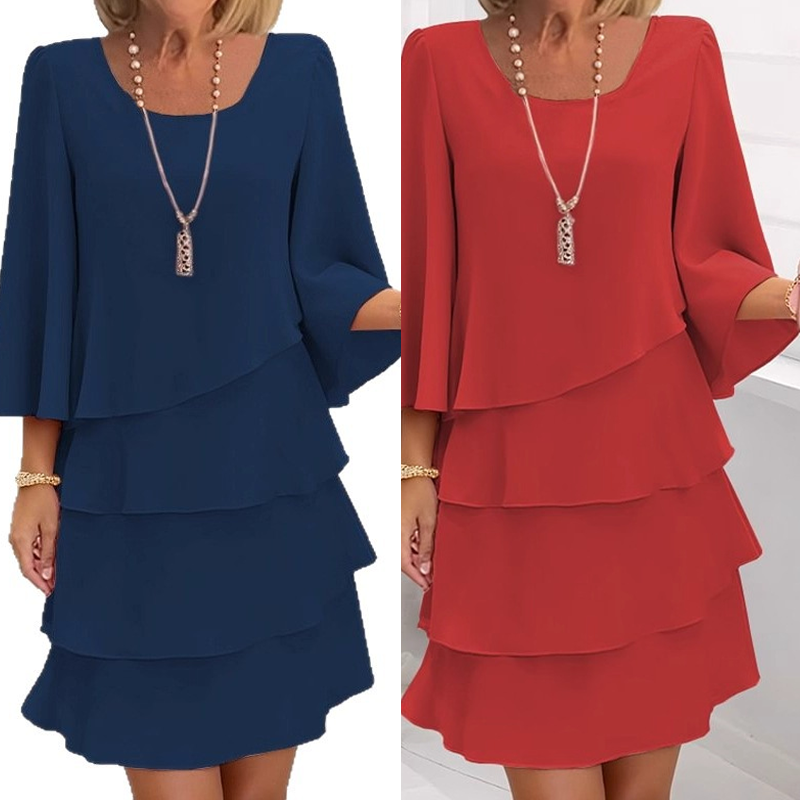 Graceful Square Neck Tiered Ruffle Dress with Flattering Flared Sleeves (Comfort Fit S-3XL)