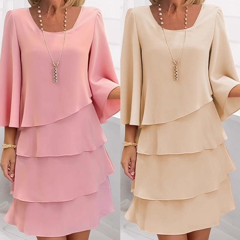 Graceful Square Neck Tiered Ruffle Dress with Flattering Flared Sleeves (Comfort Fit S-3XL)